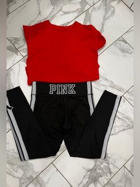PINK Red Tee with Black Logo Leggings